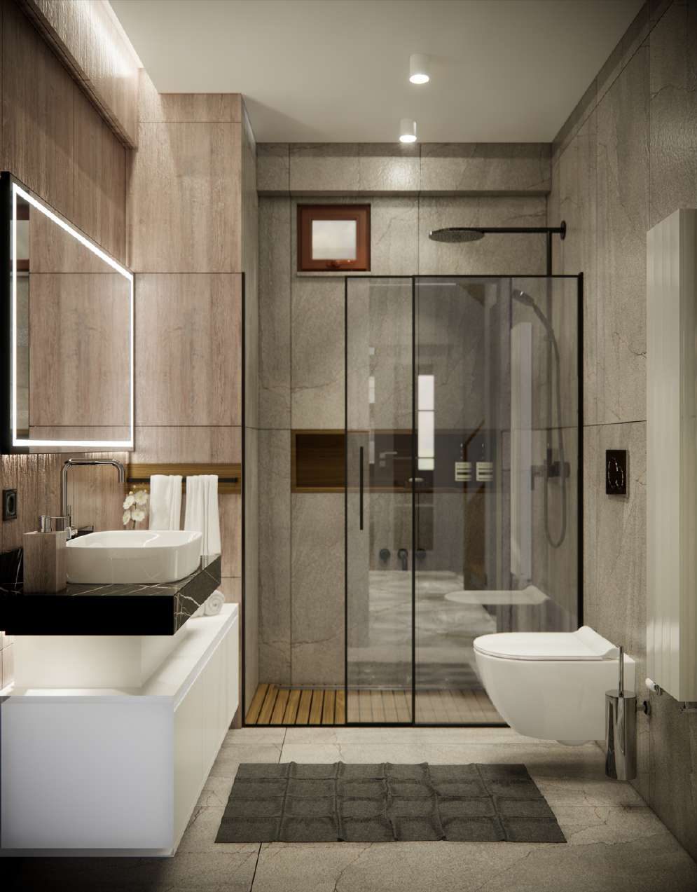 Banyo: duşakabin, ahşap dokulu duvar ve gömme aydınlatma