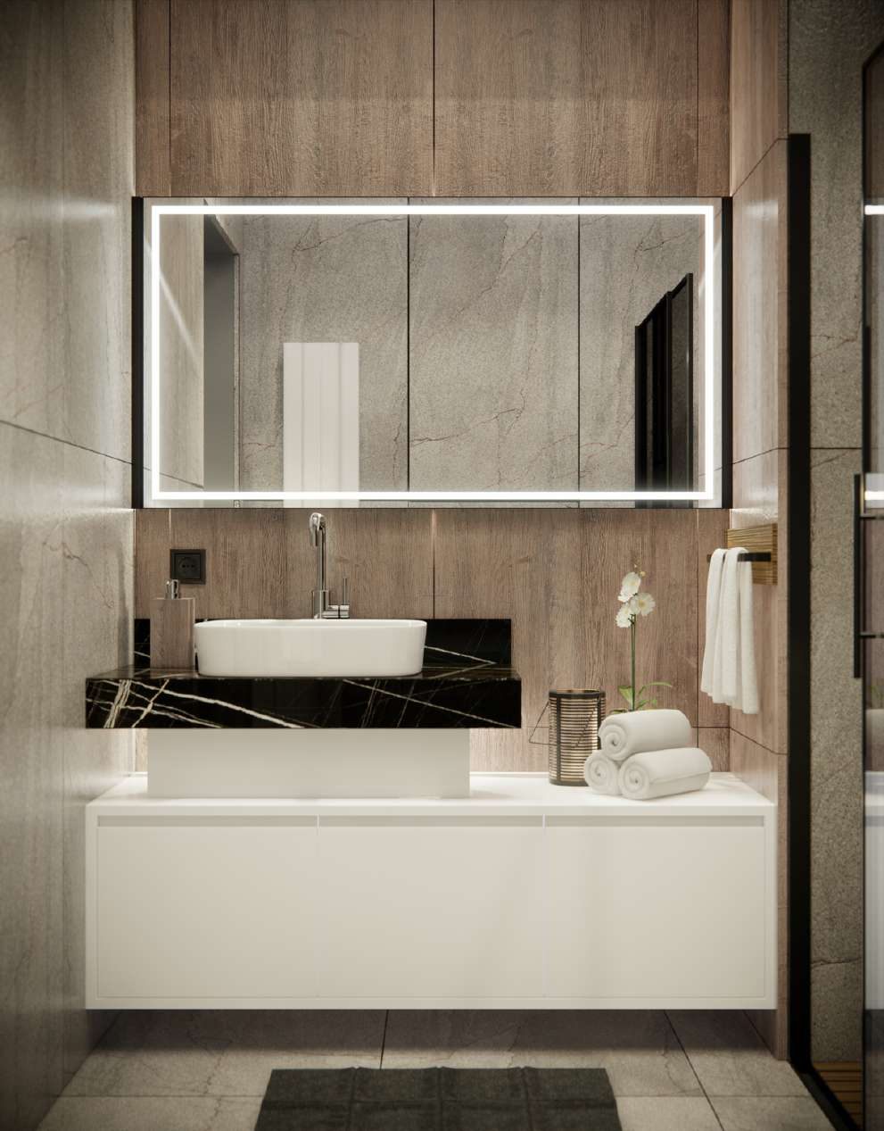 İkinci banyo, geniş aynalı lavabo ünitesi