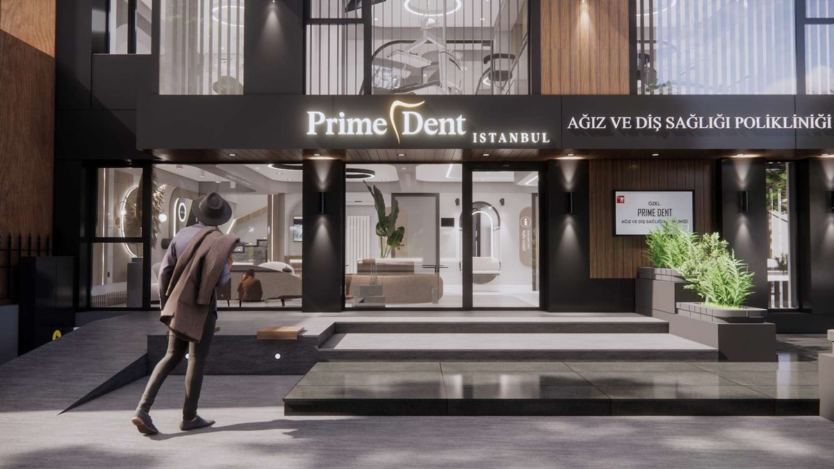 Kliniğin cadde cephesi ve giriş kanopisi