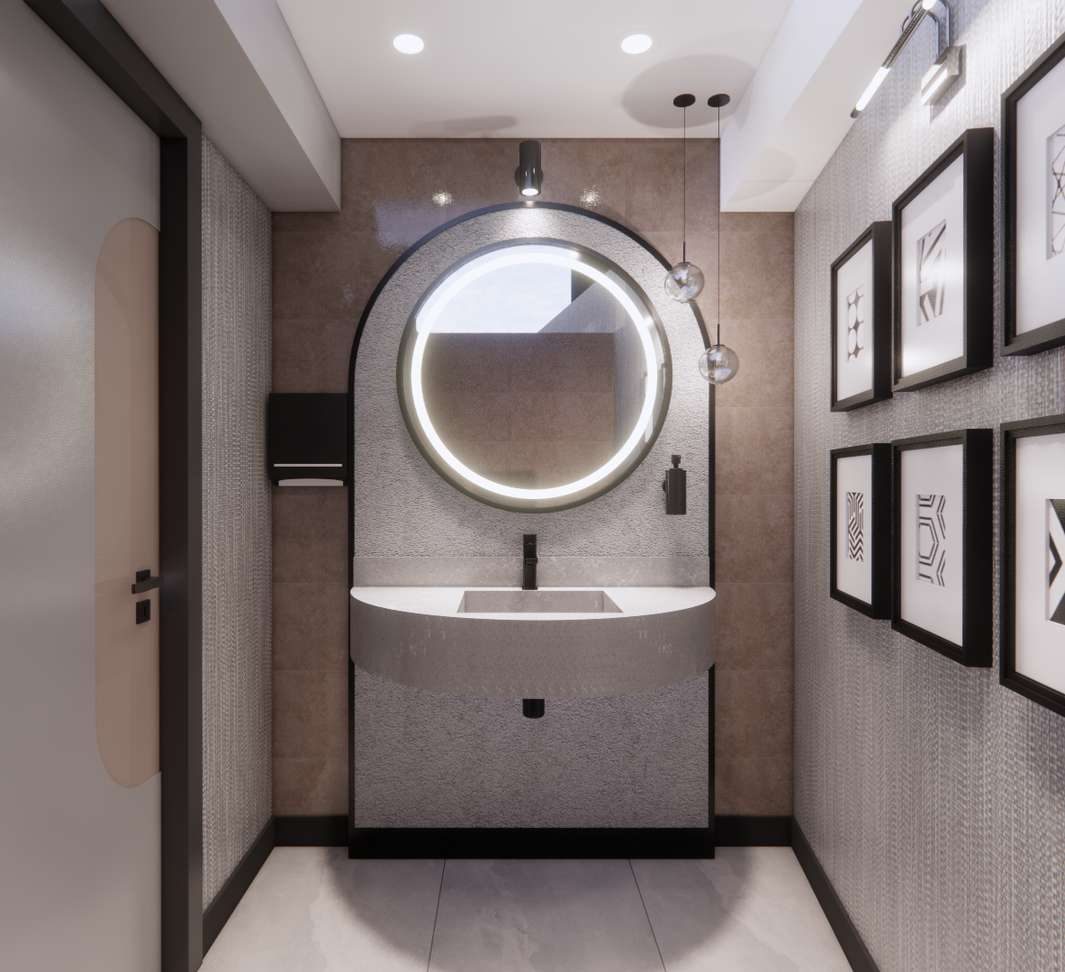 Lavabo nişi, yuvarlak aynalı ve çerçeveli duvar